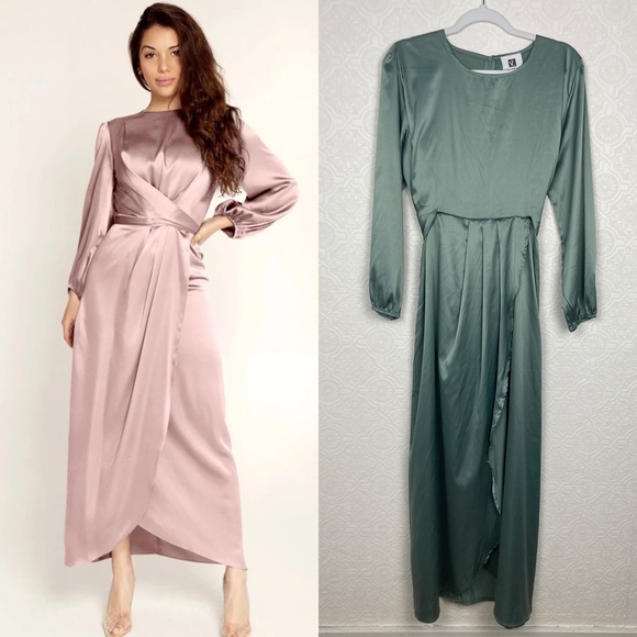 Vicky and Lucas Dresses & Skirts - NWT Vicky & Lucas Waist Wrapped Front Slit Midi Dress Green Long Sleeve